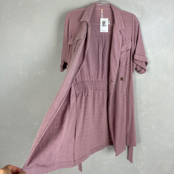 Free People size L mini wrap dress purple short sleeve cotton linen blend NEW - Picture 10 of 14